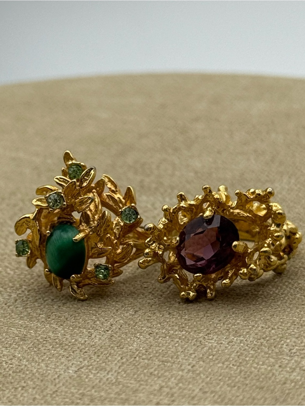 Set of two Gold-Tone Green & Purple Gem Cluster Cocktail Ring - Women Jewelry